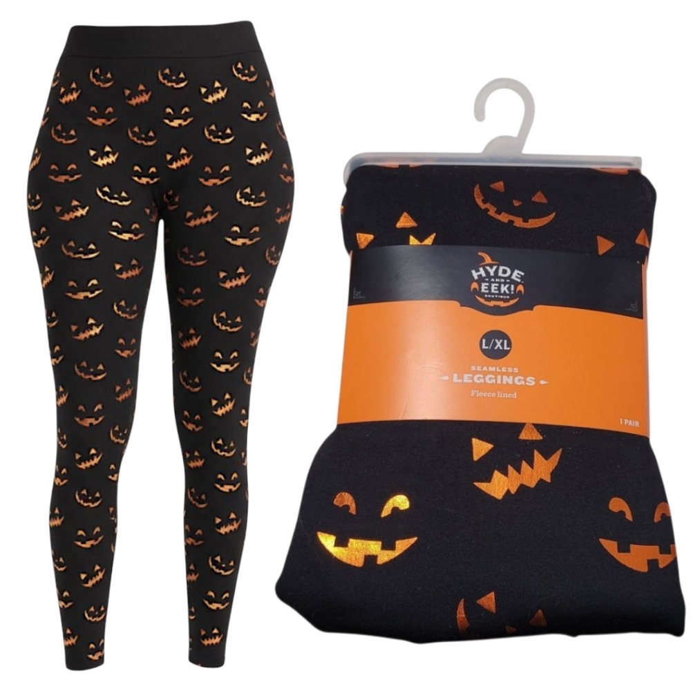 NWT Hide & EEK Fleece Lined Foil Print Jack O’Lantern Halloween Leggings L/XL